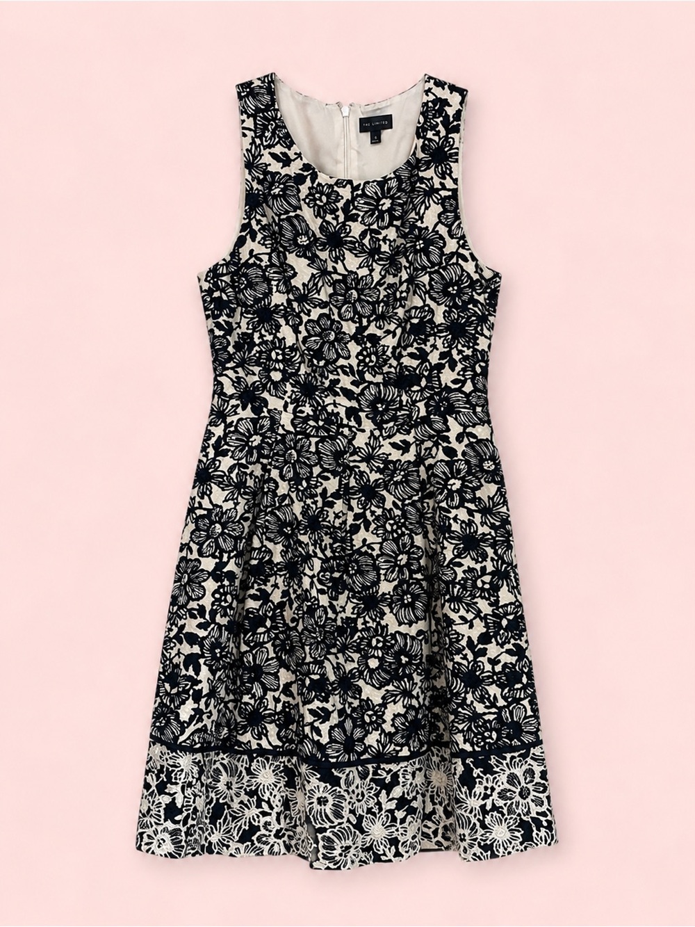 Navy Blue and Cream Floral Fit & Flare Dress